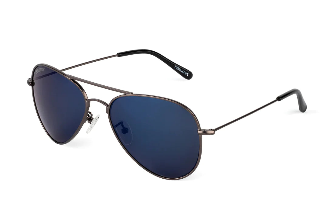 Aviator style sunglasses with gun metal frames and blue lenses